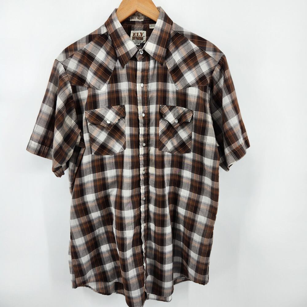 Ely Cattleman Tall Man Large Tall Pearl Snap Brown Plaid Short Sleeve